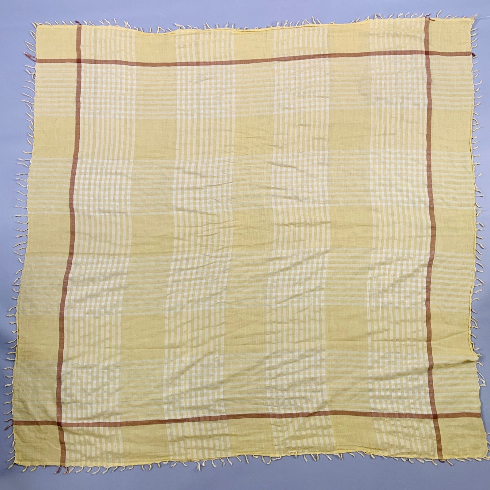Vintage Yellow Brown Stripe Fringe Square Scarf